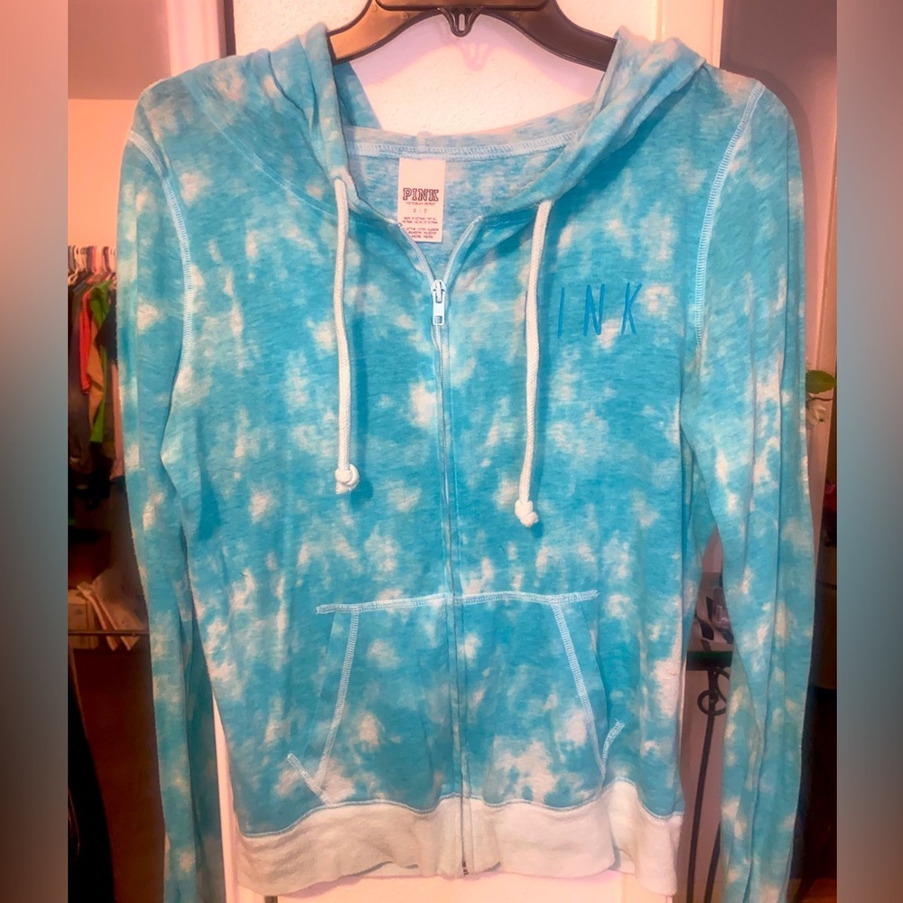 PINK Victorias Secret Lightweight Tie‎ Dye Hoodie Zip-up Teal/Aqua